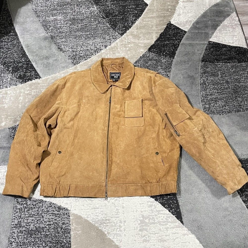 Junction West Jacket Mens XL Tan Suede Leather Bomber Zip Front Quilted‎ Lined